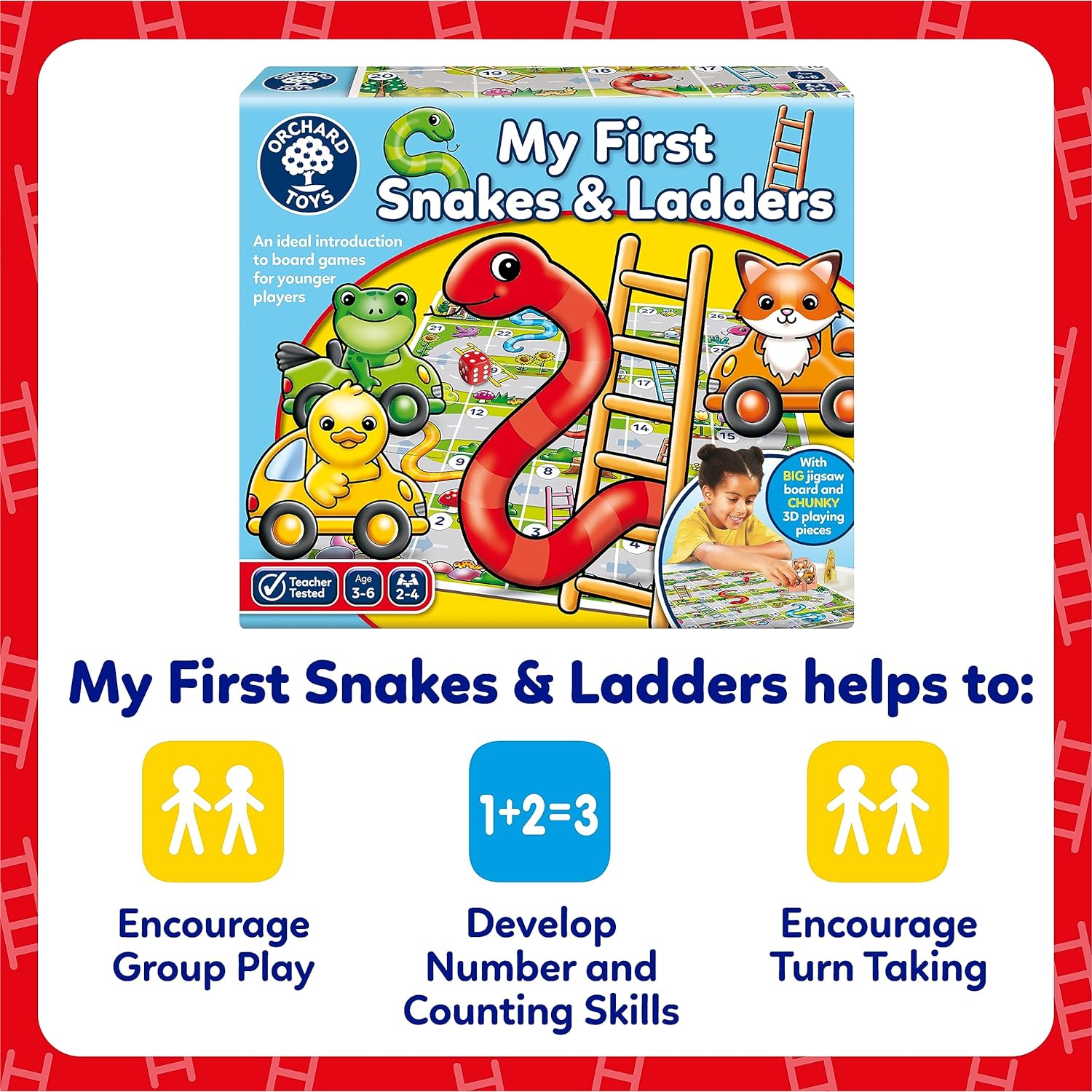 Orchard Toys My First Snakes & Ladders Game for Kids - Large Toddler Games w/Giant Colourful 3D Playing Pieces - Children's and Kids Board Games Age 3-6 Years - For 2-4 Players