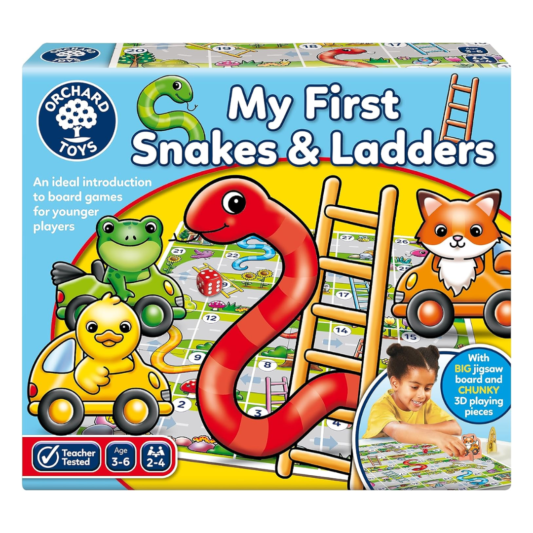 Orchard Toys My First Snakes & Ladders Game for Kids - Large Toddler Games w/Giant Colourful 3D Playing Pieces - Children's and Kids Board Games Age 3-6 Years - For 2-4 Players